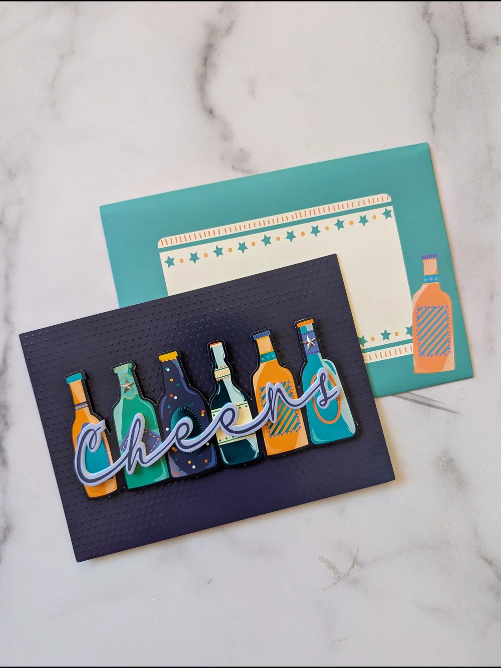 Cheers Bottle Pop-Up Card - Teal, Navy & Orange